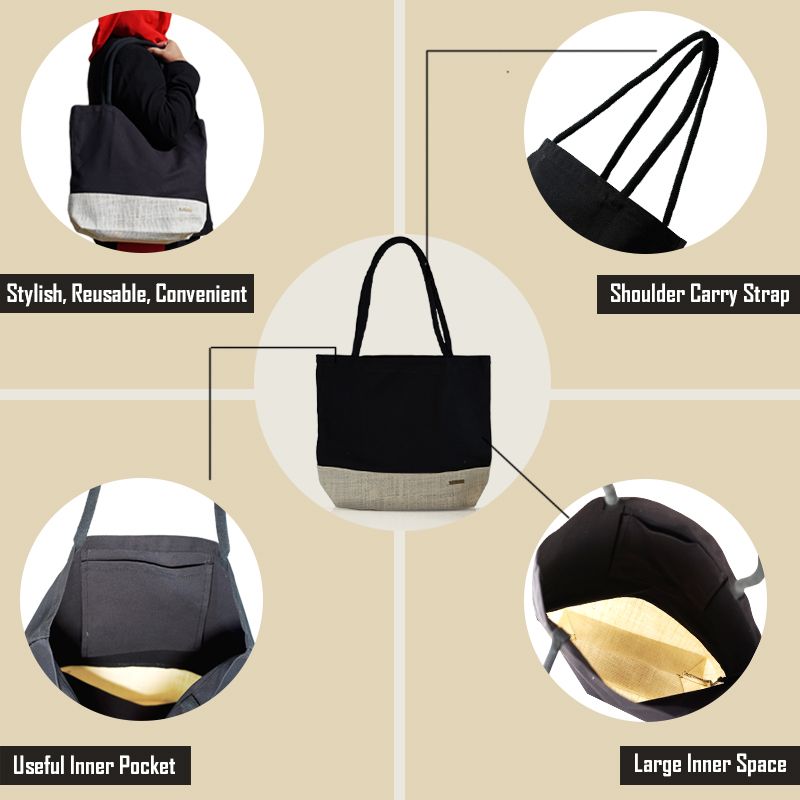 Canvas and Jute Tote Bag Black and Grey With Logo